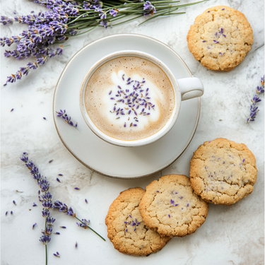 A cup of coffee topped with Culinary Lavender – Edible Dried Lavender Buds sits on a saucer with three lavender cookies and fresh sprigs, adding a floral flair to the light marble surface.